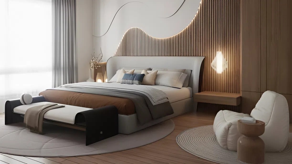 Modern bedroom with wood-textured accent wall painted by a painting company in Fallston, MD
