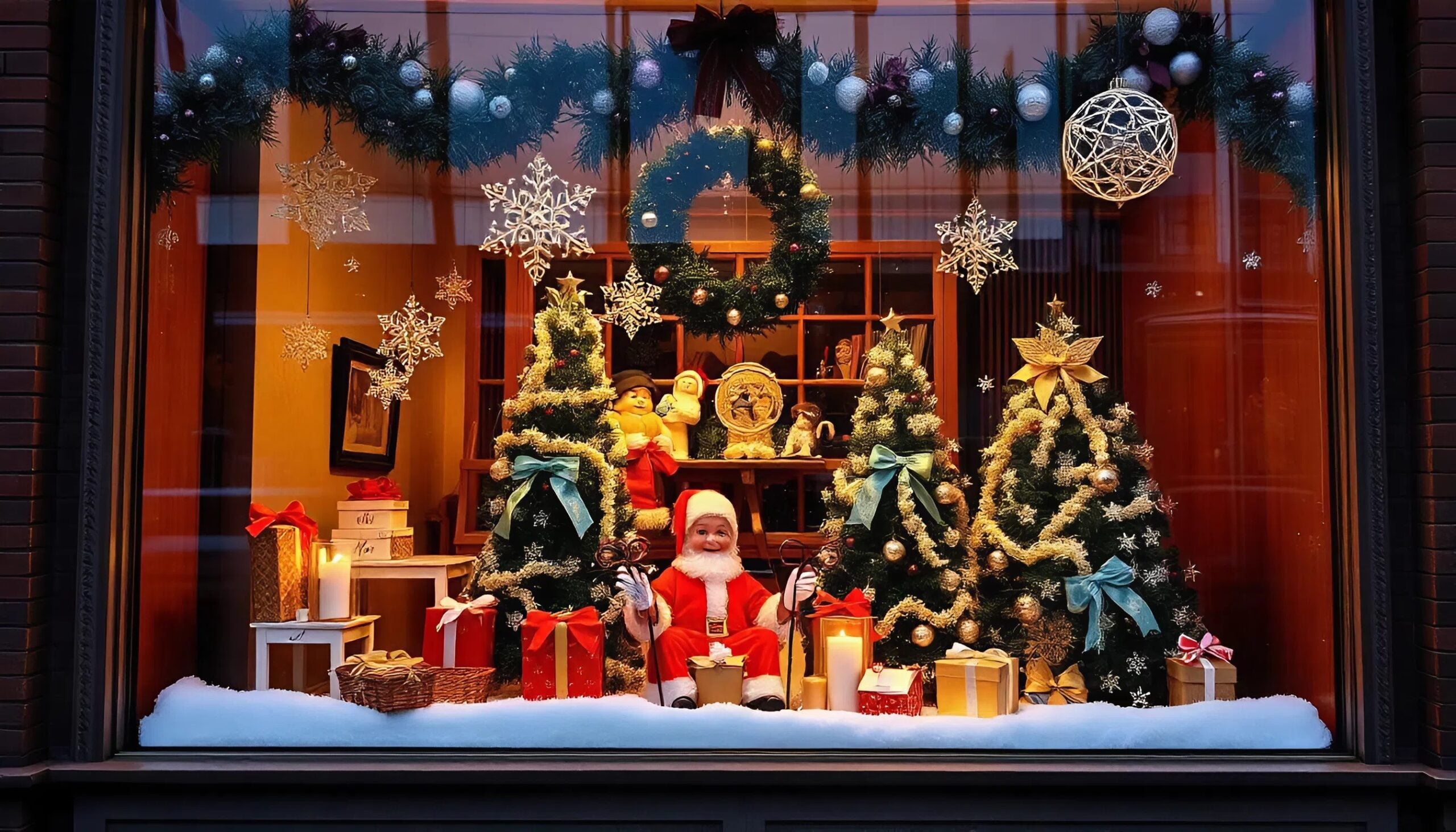 Holiday themed store front decorated for Christmas