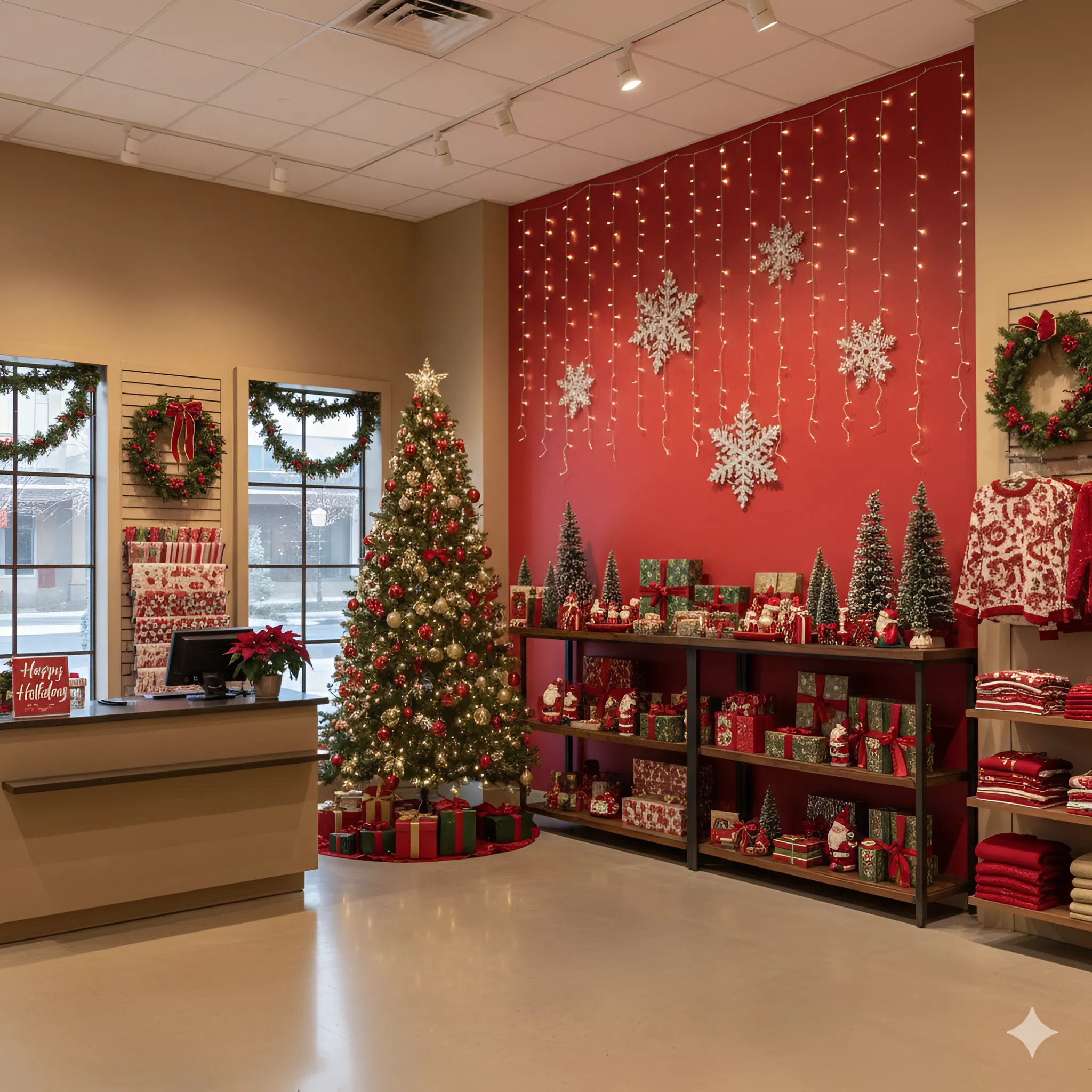 Retail store interior with an accent wall decorated for the holiday season