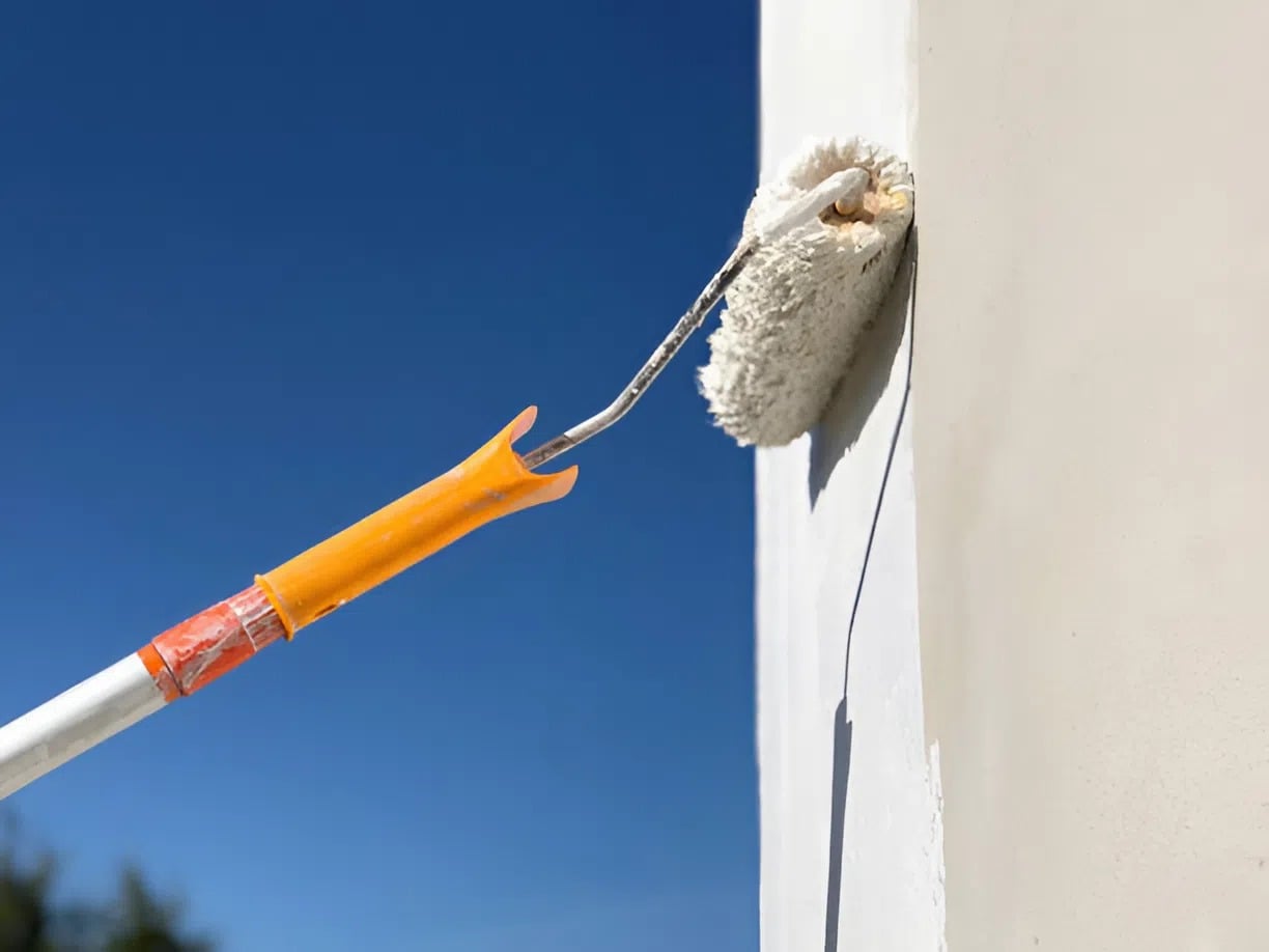 Commercial exterior wall being painted with a roller by a painter in Jarrettsville, MD