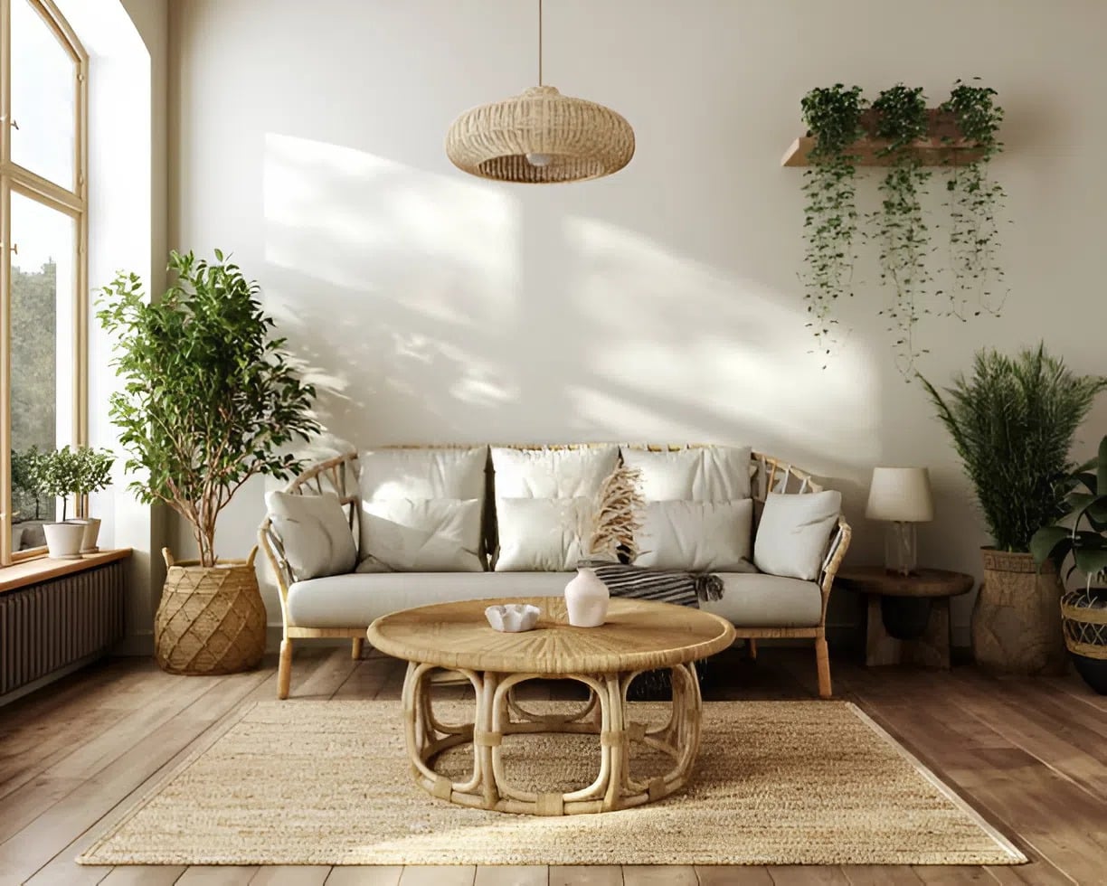 Warm minimalist living room with creamy walls and natural wood tones by a house painter in Fallston, MD.